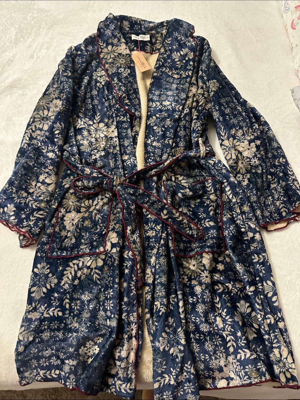 Natural Life- Women’s Navy Floral Robe Coat with Burgundy Trim